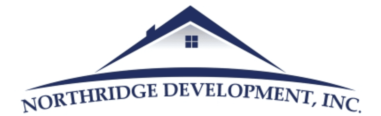 A blue and white logo of a house with the words " mortgage development."