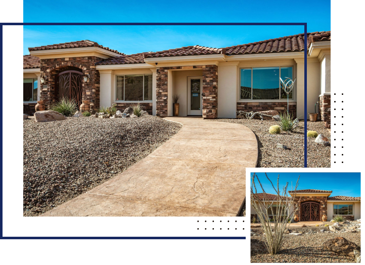 A house with a large driveway and two pictures of it.