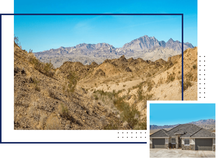 A picture of the desert with a house in the background.